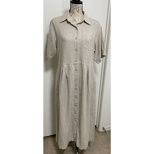 Carol Anderson Dress Womens Size 10 Beige Linen Button Up Midi Collar Pocket USA